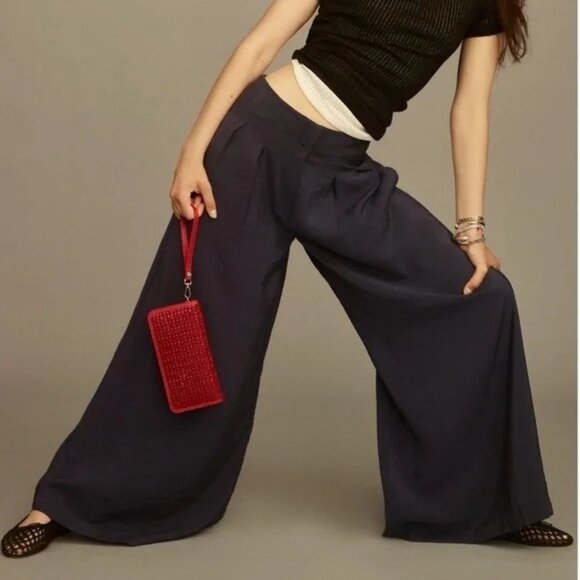 Anthropologie Pants - By Anthropologie High-Rise Pleated Wide-Leg Trousers Size 14 Navy Blue